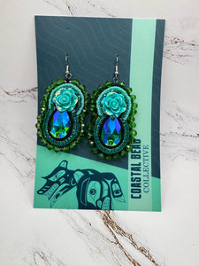 Teal Rose and Green Crystal Earrings